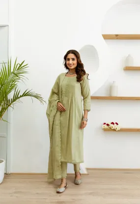 Women's Pista Green Cotton Kurta, Pant  and Dupatta Set