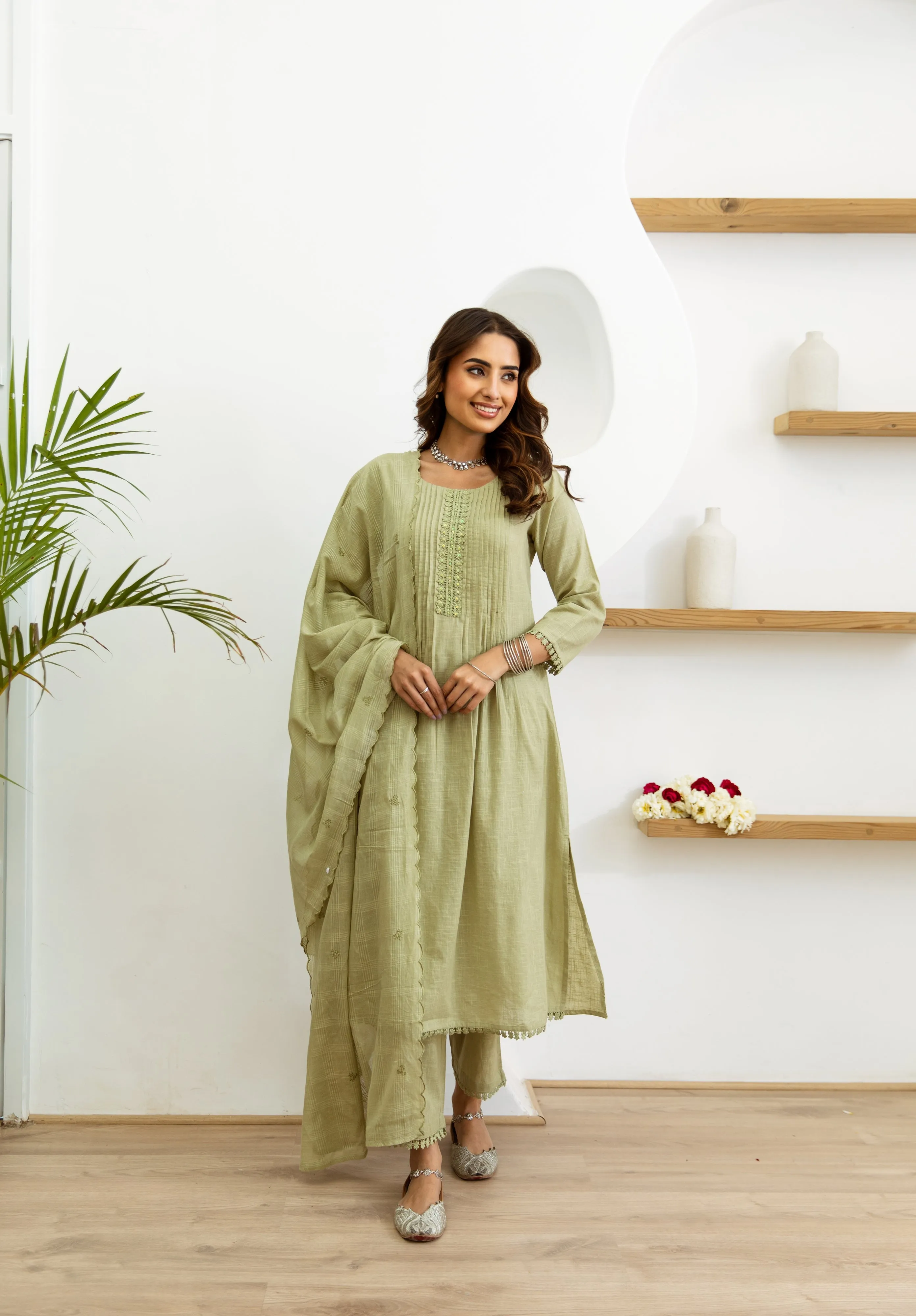 Women's Pista Green Cotton Kurta, Pant  and Dupatta Set