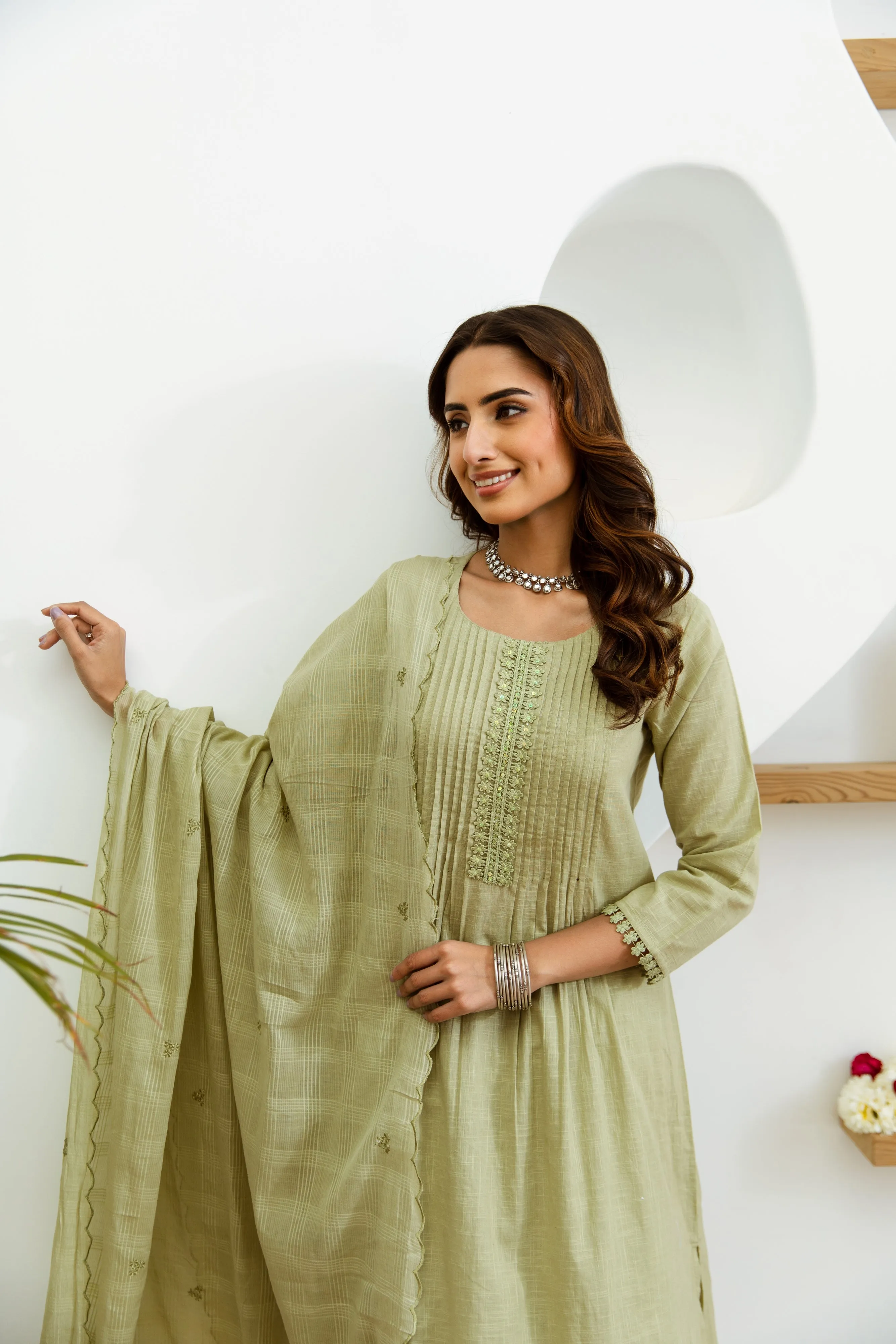 Women's Pista Green Cotton Kurta, Pant  and Dupatta Set