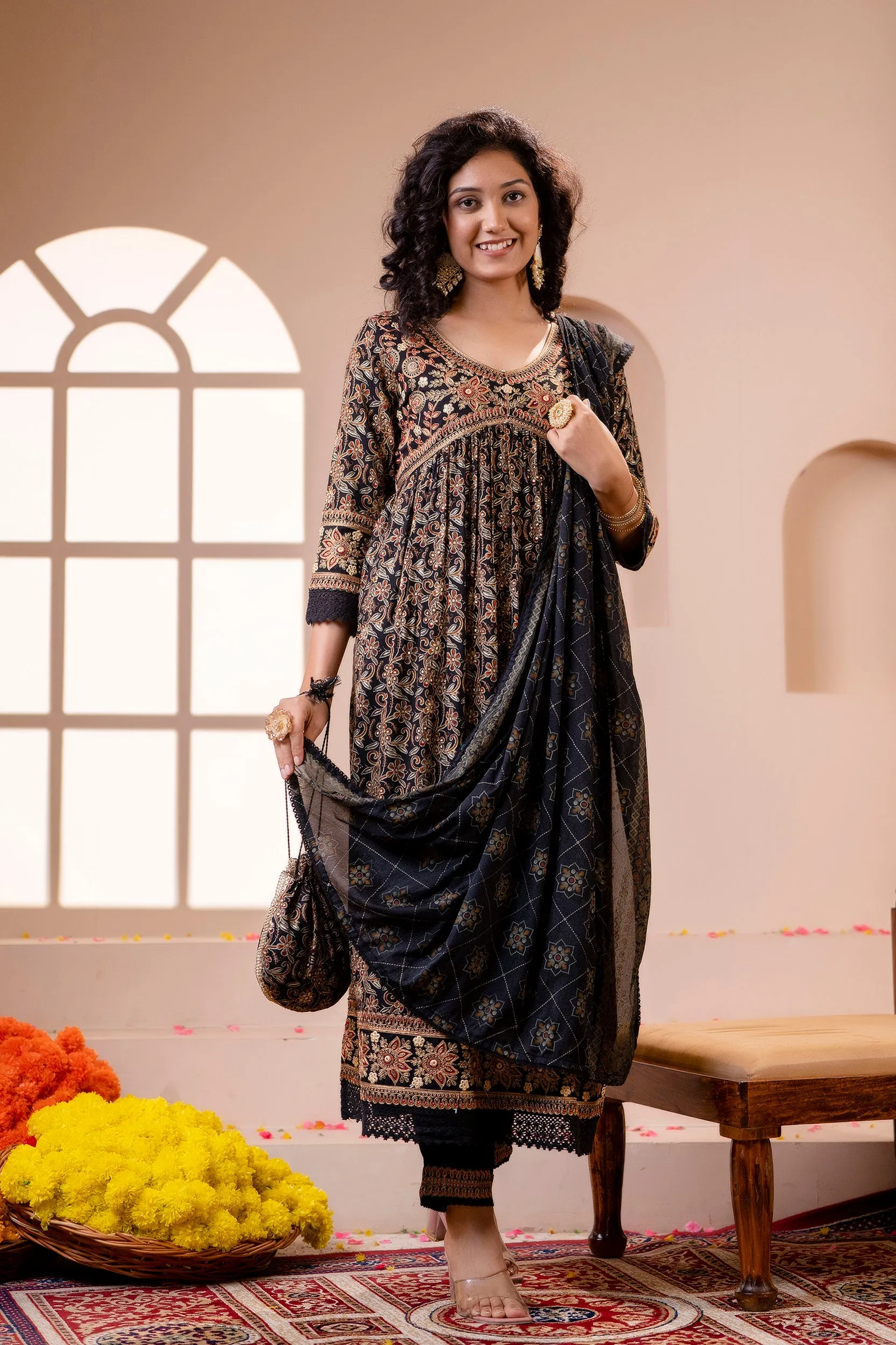 Women's Rayon Black Alia Cut A-line Ethnic Set