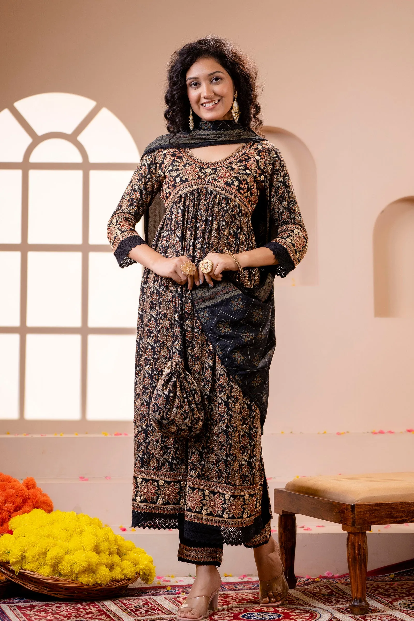 Women's Rayon Black Alia Cut A-line Ethnic Set