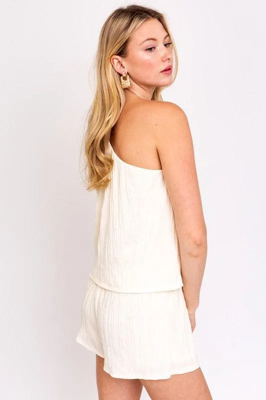 Womens Sleeveless One Shoulder Layered Top Romper