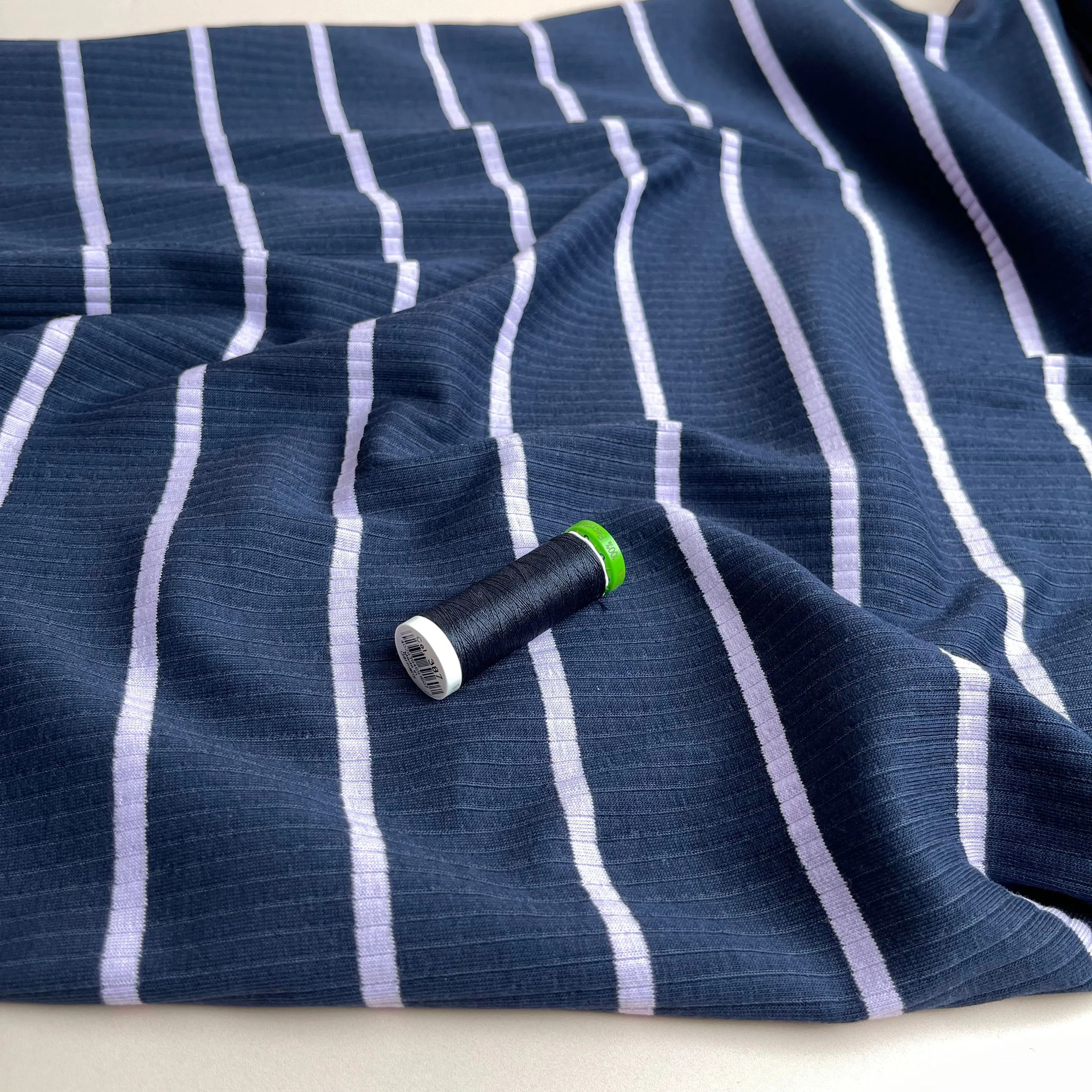 Yarn Dyed Striped Cotton Ribbed Jersey in Navy & Lilac